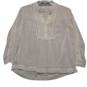 Madewell Women Sz XS Cream Pintuck Dot Sheer Long Sleeve Pleated V Neck Blouse